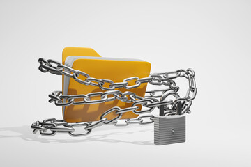 Yellow folder surrounded by a chain and a lock isolated on white background. Illustration of computer network security and protection of data privacy