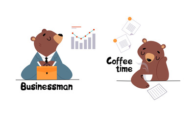 Bear character business activities set. Brown wild animal businessman working in office and having coffee break cartoon vector illustration
