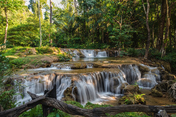 Fototapeta na wymiar Beautiful Kroeng Krawia Waterfall at kanchanaburi city thailand.Khao Laem National Park