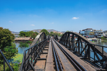 kanchanaburi.thailand-16.01.2022:Unacquainted people at kawi river bridge at kanchanaburi.The Kwai River Bridge was part of the meter-gauge railway constructed by the Japanese during World War Two