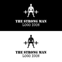 Strong man black logo design show bodybuilder in gym silhouette lifting heavy barbell doing deadlift