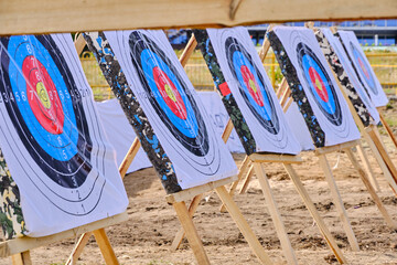 Row targets for archery competitions.