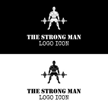Strong man black logo design show bodybuilder in gym silhouette lifting heavy barbell doing deadlift