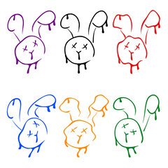 Doodle dripping bunny face collection. Perfect for tee, print, stickers, poster, stationery. Hand drawn isolated vector illustration for decor and design.
