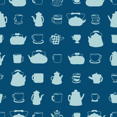Monochrome teapot, cups and mugs silhouette seamless pattern. Perfect print for kitchen towel, dishcloth, stationery, textile and fabric. Doodle vector illustration for decor and design.