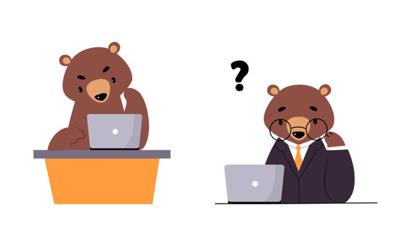 Bear character business activities set. Brown wild animal businessman working with laptop computer cartoon vector illustration