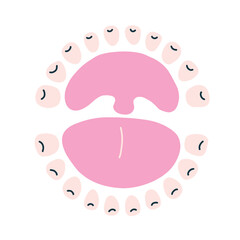 Open mouth palate with upper and lower row of teeth element in isolated white background. Vector naive cartoon modern flat style clipart