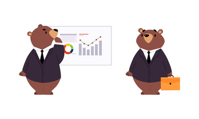 Bear character business activities set. Brown wild animal businessman in suit doing presentation cartoon vector illustration