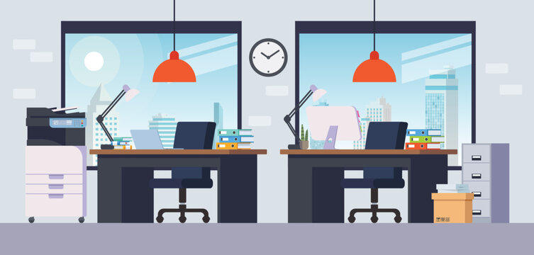 Illustration of an office room with desk, shelf, printer and computer.