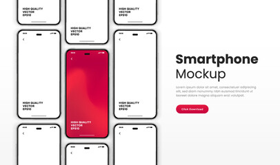 3D realistic high quality smartphone mockup isolated with white blank screen. Smart phone mockup collection. Device front view. 3D mobile phone with shadow on white background.