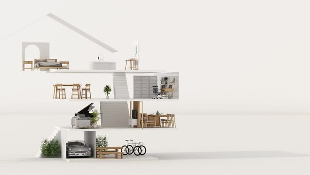 build up of A cross section of a house. concept of work from home, goal of life, Work Life Balance with furniture used in daily life. in white and wood tones, realistic 3D render and illustration.