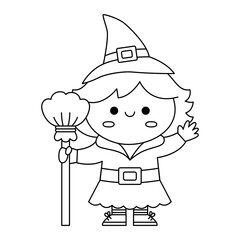 Vector black and white kawaii witch. Cute smiling Halloween line character for kids. Funny autumn all saints day cartoon illustration with girl in hat with broomstick. Samhain party coloring page.