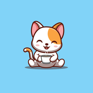 White Cat Sitting Drink Coffee Cute Creative Kawaii Cartoon Mascot Logo