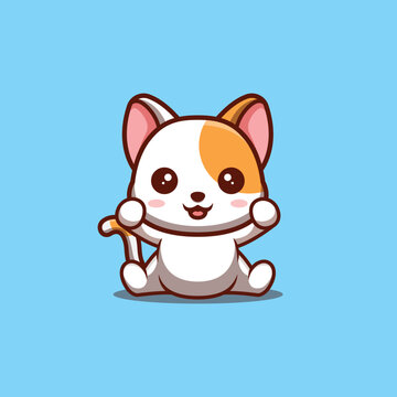 White Cat Sitting Excited Cute Creative Kawaii Cartoon Mascot Logo