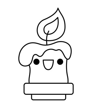 Vector black and white kawaii candle stick. Cute smiling Halloween line character for kids. Funny autumn witchcraft element with melting wax. Samhain party icon or coloring page.