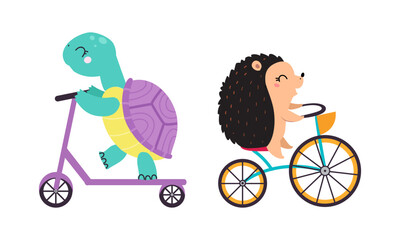 Cute baby animals enjoying ride. Turtle on bike, hedgehog on kick scooter cartoon vector illustration