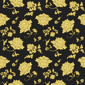 Seamless floral pattern. Decorative yellow flowers on black background. © mrs.kato