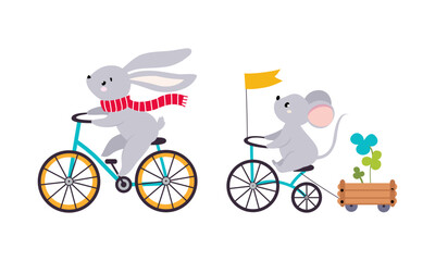 Cute baby animals enjoying ride. Funny bunny and mouse riding bikes cartoon vector illustration