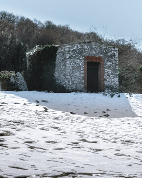 Little abandoned church of San Donato during winter, Pratone. Monti Lucretili Natural Park. Lazio, Italy
