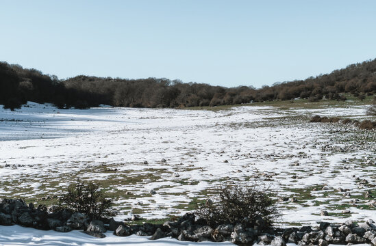 snow all over the lawn. Pratone, Monti Lucretili Natural Park. Lazio, Italy