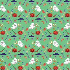 Halloween decorative seamless pattern. halloween seamless background. Seamless pattern with black cat, pumpkin, ghost, spider web on gray background for fabrics, paper, textile, gift wrap