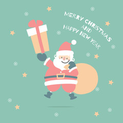 merry christmas and happy new year with cute santa claus and bag sack of present gift in the winter season green background, flat vector illustration cartoon character costume design