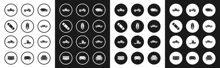 Set Tanker truck, Scooter, Skateboard, Pickup, Sedan car, All Terrain Vehicle or ATV motorcycle, and icon. Vector