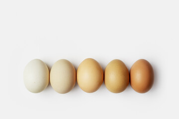 Top view of five boiled chicken eggs in row. Minimal style photo made of natural colors eggs on white background. Color gradient brown tones. Healthy protein food concept. Pastel colored