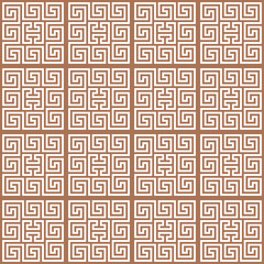 Meander white ornament on the brown background. Seamless pattern. For print and web.