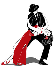 A Pair Dancing Argentine Tango. Woman in red dress, Man in black suit. Pin Up, Pop Art style. Vector drawing.