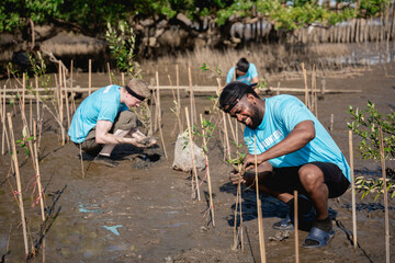 Volunteers help plant a forest to save the world in the forest park area., Environmental protection project.