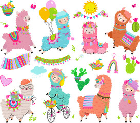 Obraz na płótnie Canvas Llama with cactus mexican decorations. Cartoon alpaca from peru or chile, peruvian fluffy animals. Peruvian mascots, cute kids stickers nowaday vector set