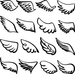 Sketch wings. Hand drawn wing angel or bird, drawing celtic doodle logo. Dove eagle winged elements, simple grunge freedom neoteric vector symbols