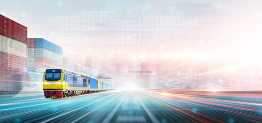 Rail Freight Transport and Technology Logistics Future Concept, Double Exposure Polygon Wireframe...