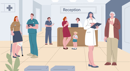 Visiting hospital and waiting medical staff. Clinic reception interior and doctors talk with patients. Healthcare and ambulance, nurses help people kicky vector scene