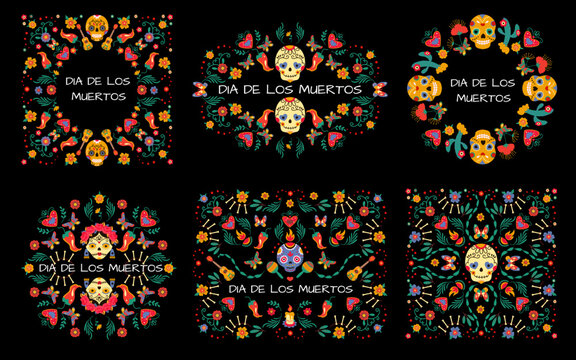 Day of dead poster with festive human skeleton in mexico poncho. Celebration festival invitation, party skull and halloween pumpkin nowaday vector background