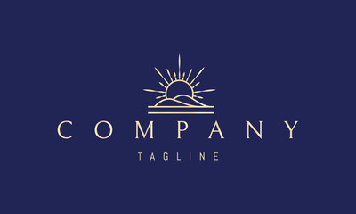 Vector golden logo on which an abstract image of the rising sun against the background of the hills.