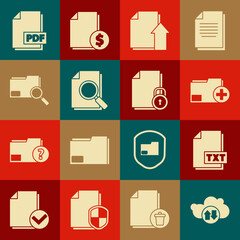 Set Cloud download and upload, TXT file document, Add new folder, Upload, Document with search, Search concept, PDF and lock icon. Vector