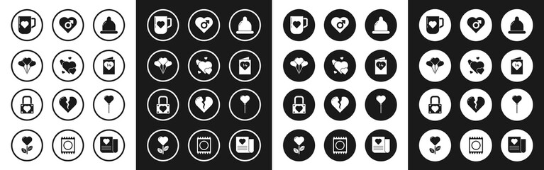 Set Condom, Heart, Balloons in form of heart, Coffee cup and, Valentines day flyer with, male gender, and Lock icon. Vector