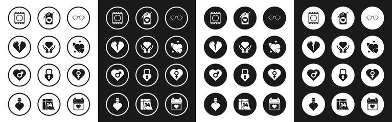 Set Heart shaped love glasses, on hand, Broken heart or divorce, Condom in package, tag, with female gender and icon. Vector
