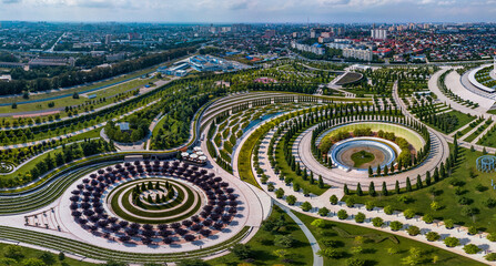 three large flower beds in a city park in the northeast of Krasnodar (South of Russia) - aerial...