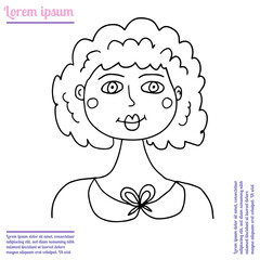 Cute cartoon abstract doodle girl portrait isolated on white background. Woman face.