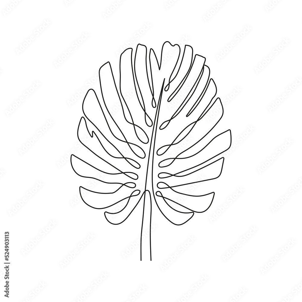 Poster monstera leaf drawn with one continuous line. tropical palm leaf of monstera, one line drawing. vect