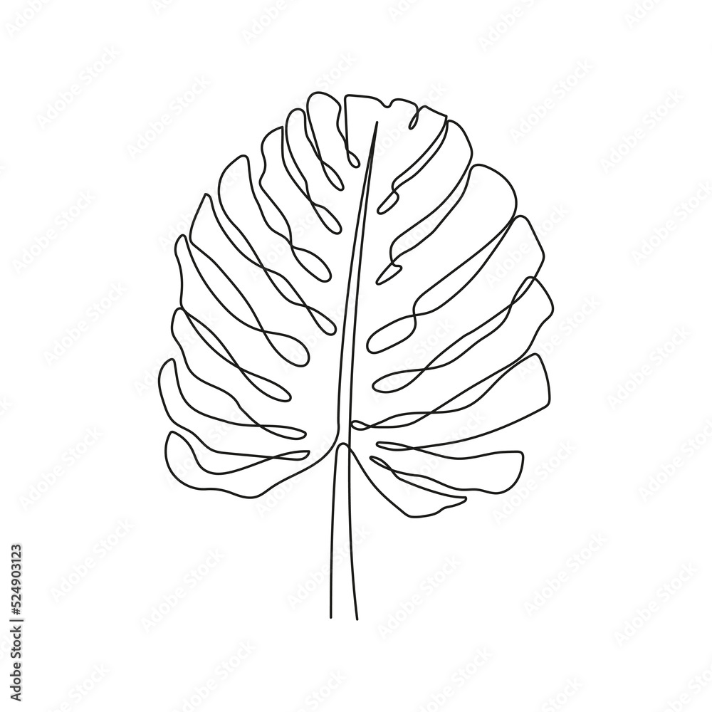 Poster one line drawing of monstera leaf. continuous one line of monstera exotic tropical palm. vector illu