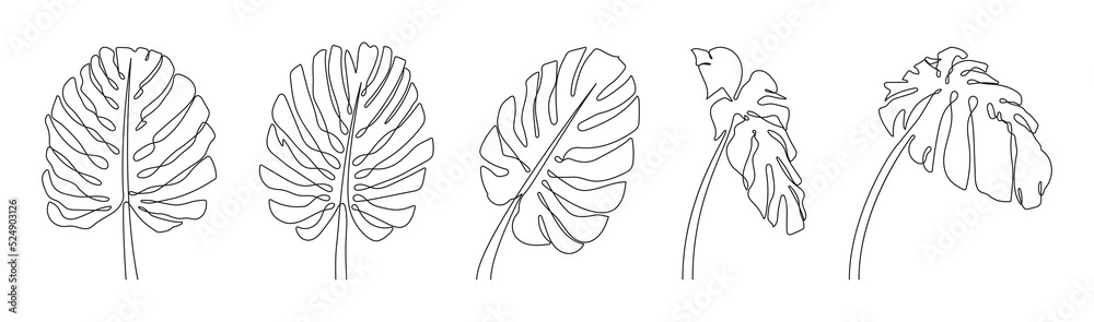 Poster monstera leaves set drawn with one continuous line. different tropical palm leaves of monstera, one 