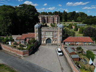 Fototapeta na wymiar aerial view of Burton Agnes Hall is an Elizabethan, historic, stately home visitor attraction in East Yorkshire