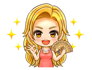 お札を持ってOKサインするセレブ女性のちびキャライラスト素材