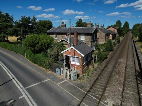 aerial view of Burton Agnes train station, rural Victorian railway station East Yorkshire England