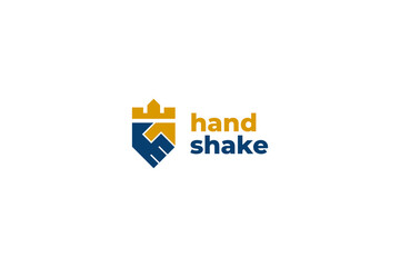 Flat handshake logo with castle icon vector design illustration idea