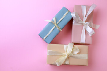Gift boxes on color background. Happy womens day. Happy Mothers day.Hello Spring- Image
